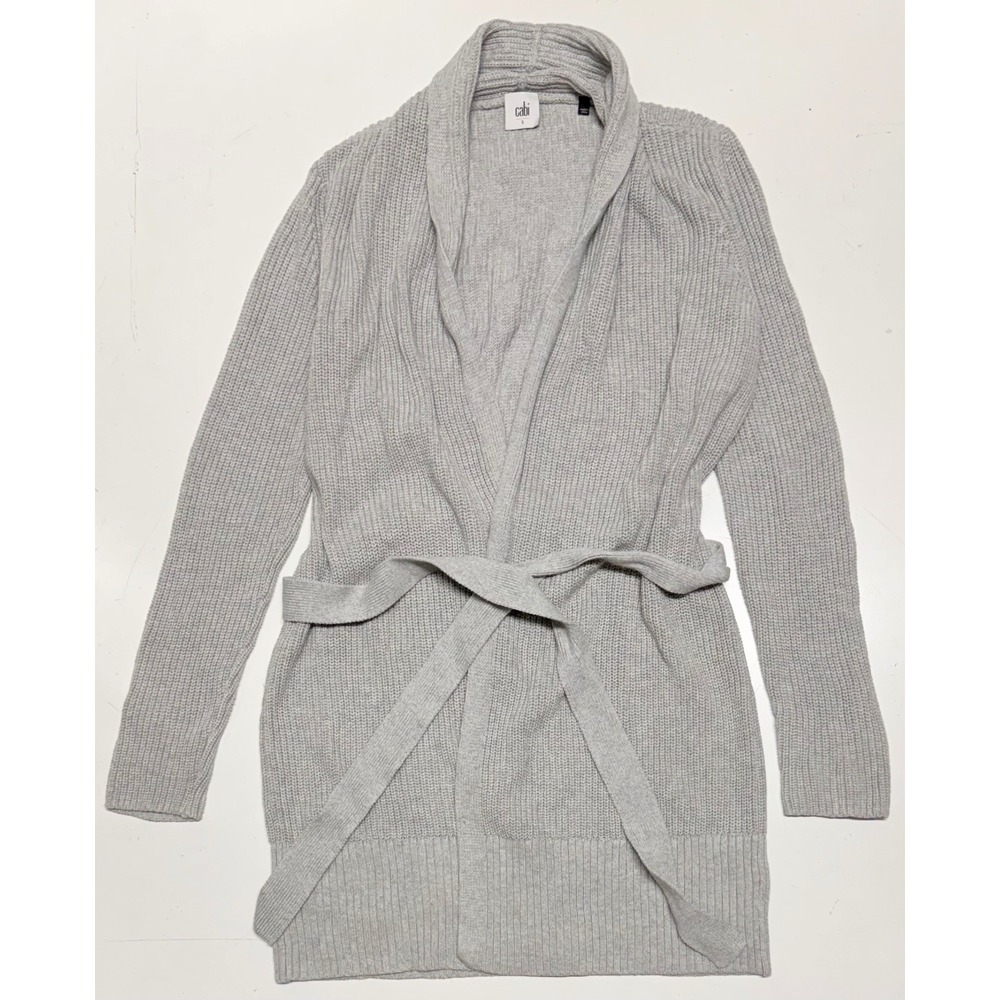 Cabi Gray Ribbed Knit Shawl‎ Collar Belted Exhale Cardigan Sweater Womens Small